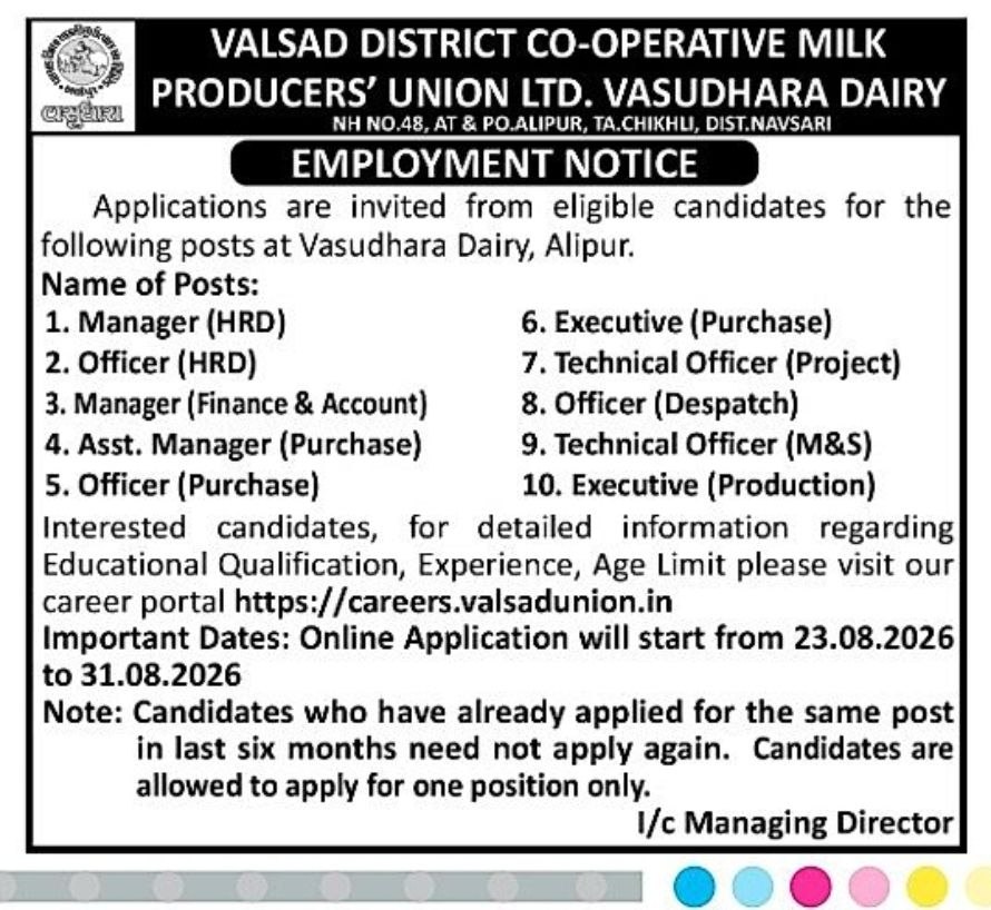 Vasudhara Dairy Recruitment 2026
