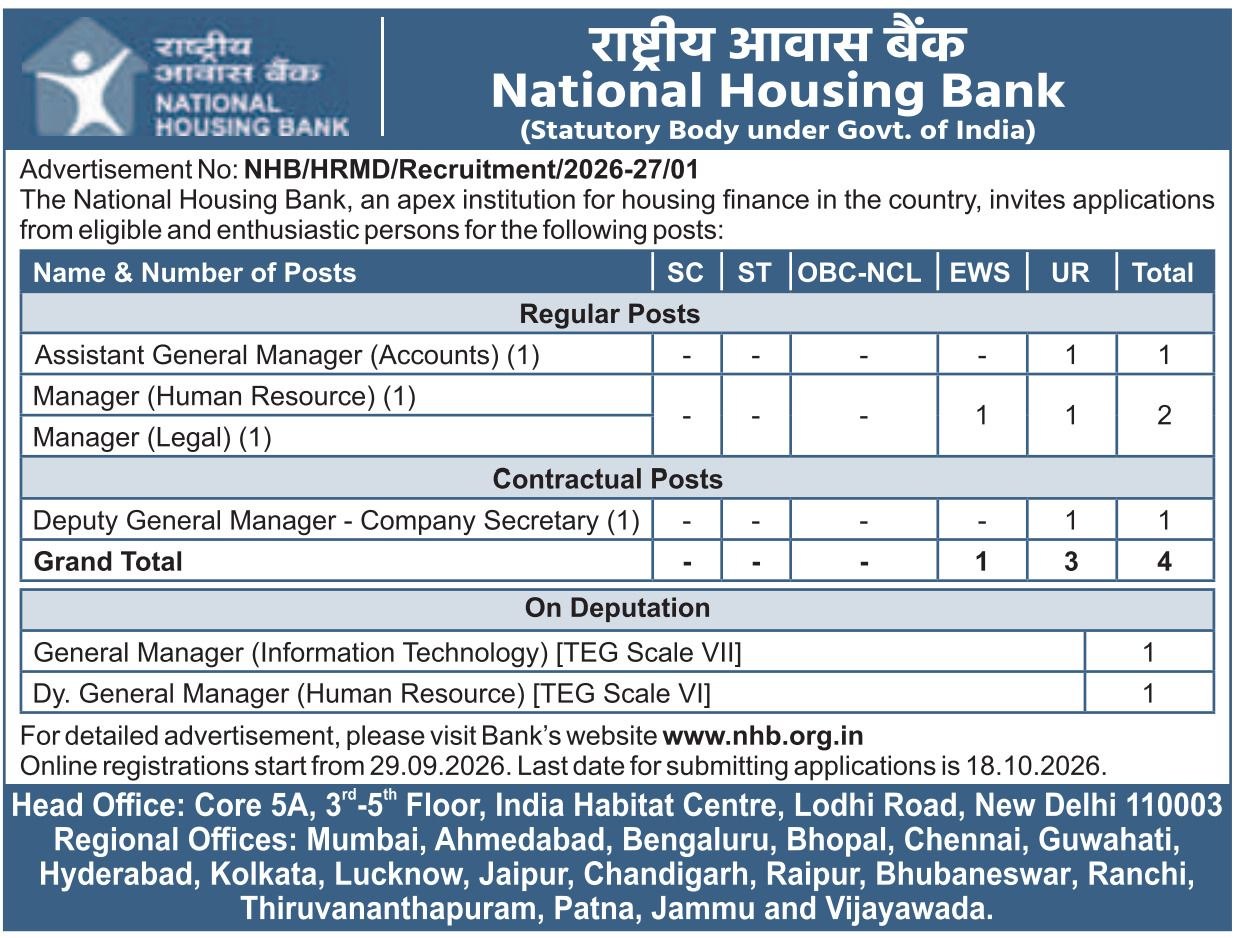 Nhb Bank National Housing Bank (NHB) Recruitment 2026-27 for Various Posts ...