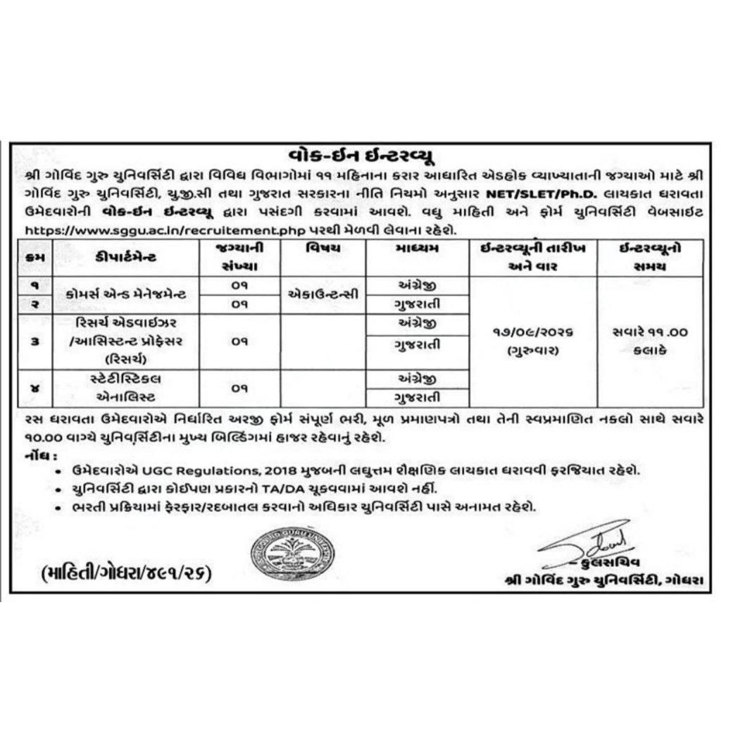 Sri Govind Guru University Walk-in Interview 2026 for Academic Posts ...