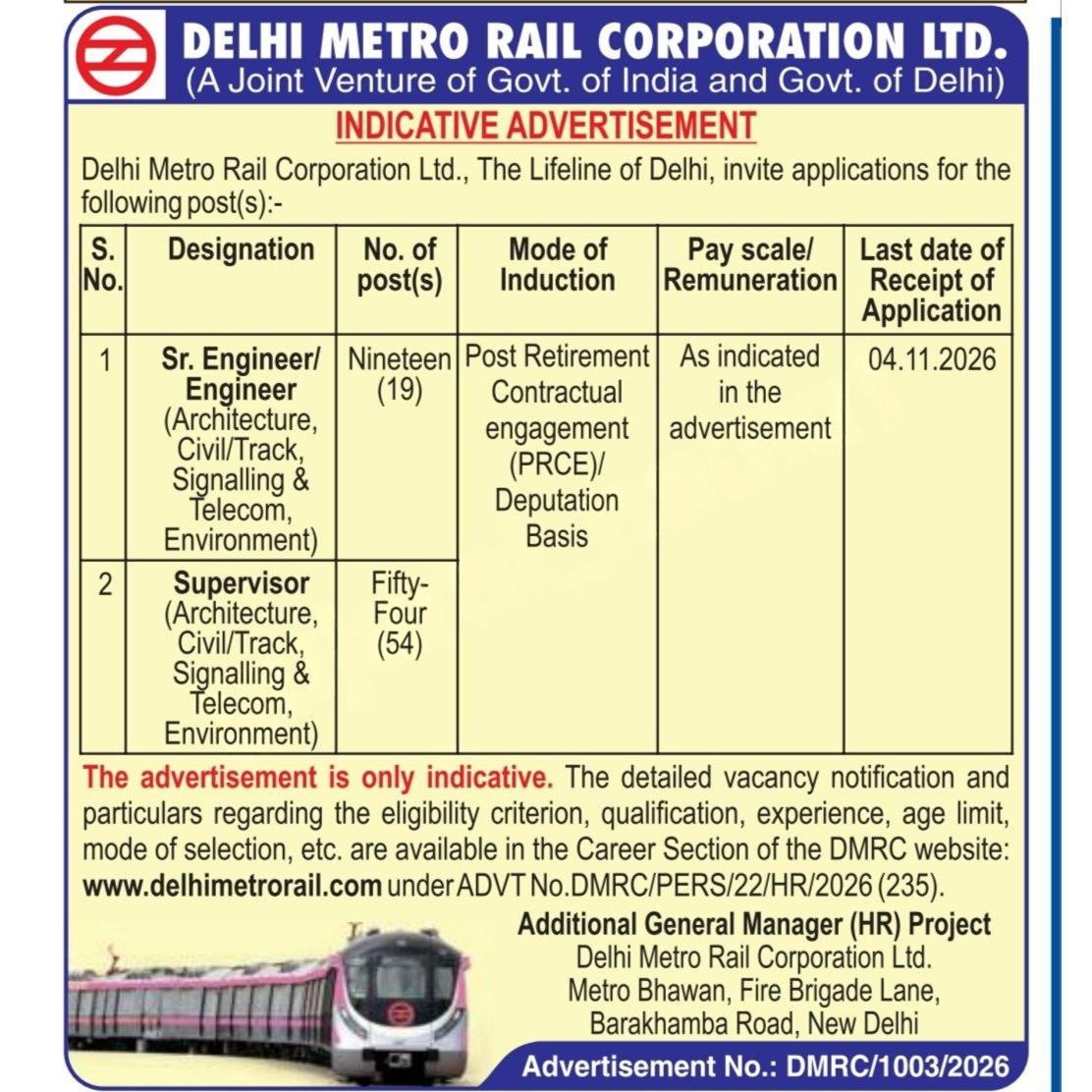 DMRC Recruitment 2026: Apply for Engineer and Supervisor Posts ...
